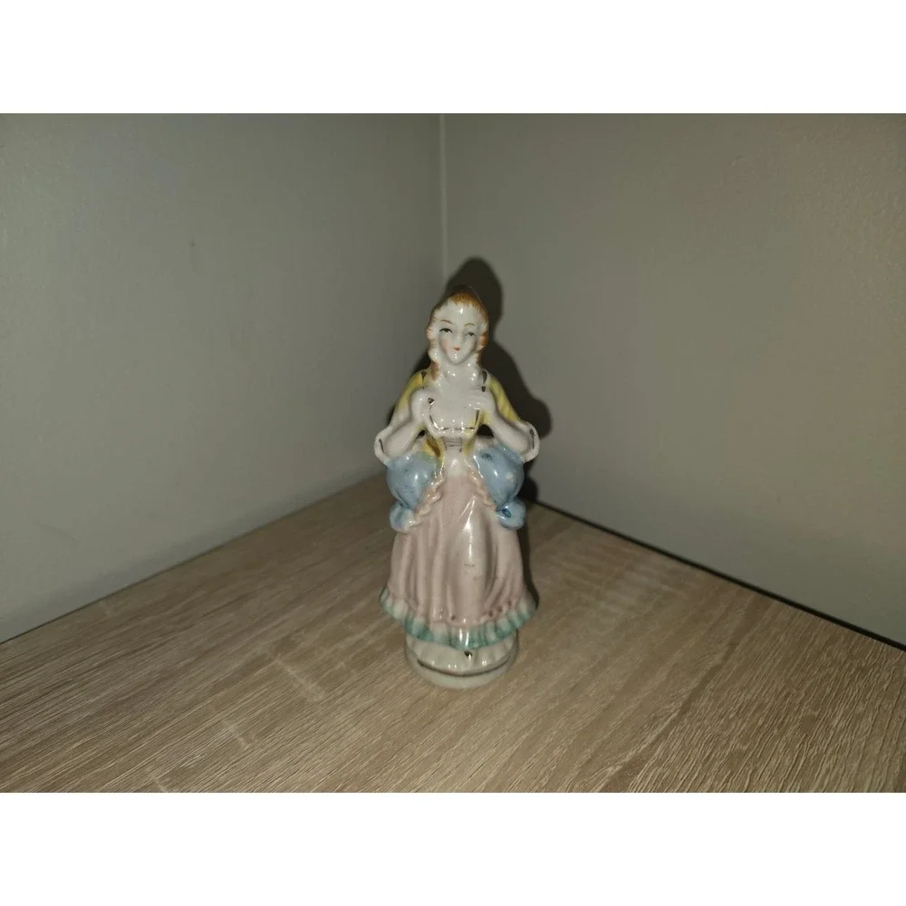 Vintage Hand Painted Porcelain Colonial Lady Figurine Blue Pink Yellow Japan